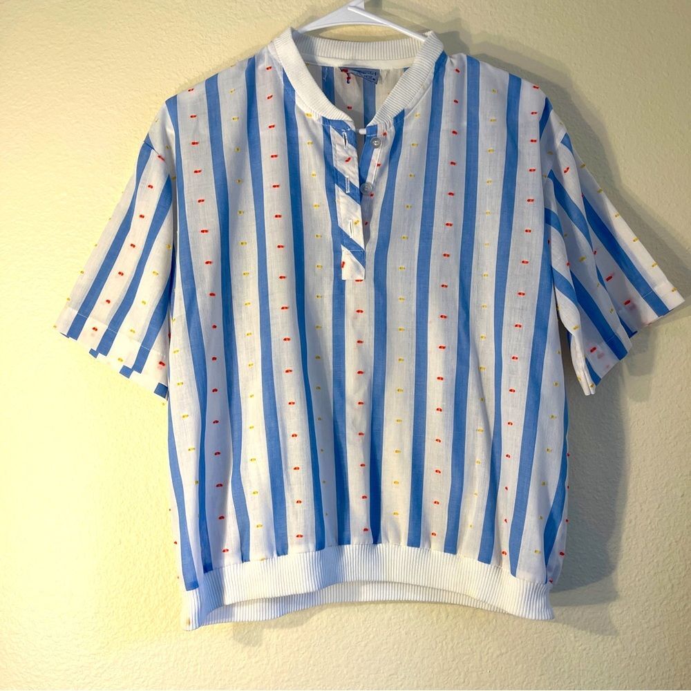 David Peet Banded Hem Striped Floral Cottage Blouse Vintage Size S